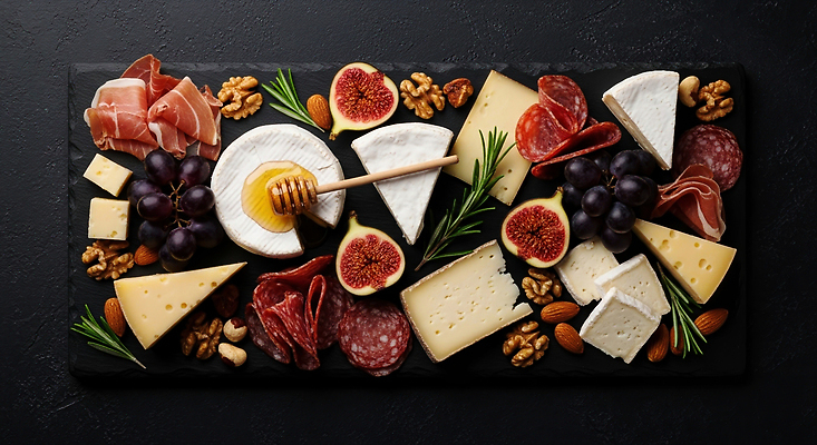 JPG 편집이미지 과일 포도 디저트 치즈 쟁반 육류 식사 견과류 허브 햄 아몬드 무화과 살라미 크림치즈 편집실사 AI포토 AI콘텐츠 식물 음식 식재료 유제품 CG 파일형식