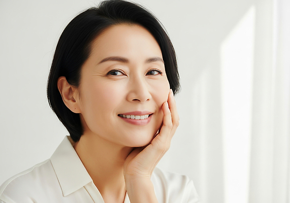 JPG 편집이미지 여자 행복 얼굴 중년 모션 따뜻함 밝음 미소 뷰티 방 편안함 긍정적 자기관리 의료성형뷰티 편집실사 AI인물포토 AI콘텐츠 감정 표정 사람 성인 신체부위 감각 CG 파일형식 AI포토