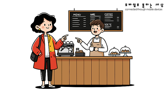 커피 일러스트 디저트 친절 대화 일상 외투 카페 계산대 고객 서비스 메뉴 바리스타 소통 안락 상호작용 국내일러스트 AI파일 직업 음료 음식 컨셉 상의 말하기 라이프 상점 파일형식 벡터