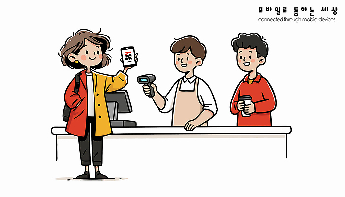 일러스트 비즈니스 모바일 대화 쇼핑 컴퓨터 판매 상점 기계 구매 고객 장바구니 직원 서비스 결제 소통 스캐너 오후 상호작용 국내일러스트 AI파일 컨셉 말하기 전자제품 바구니 파일형식 벡터