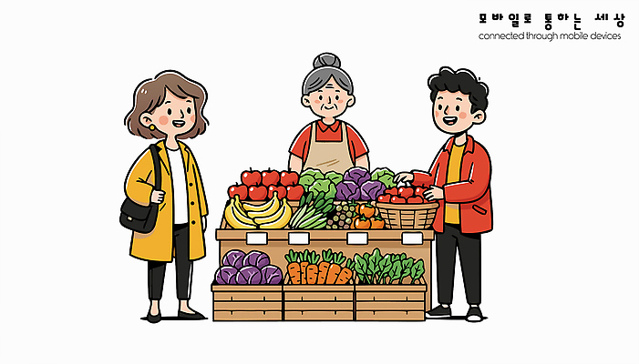 직업 전통 컨셉 농업 라이프 쇼핑 시장 야간 파일형식 벡터 전통시장 과일 채소 판매 고객 판매원 거래 저녁 활기 음식 신선 상점 사람 주말 일상 지역사회 농작물 구매 국내일러스트 AI파일 일러스트