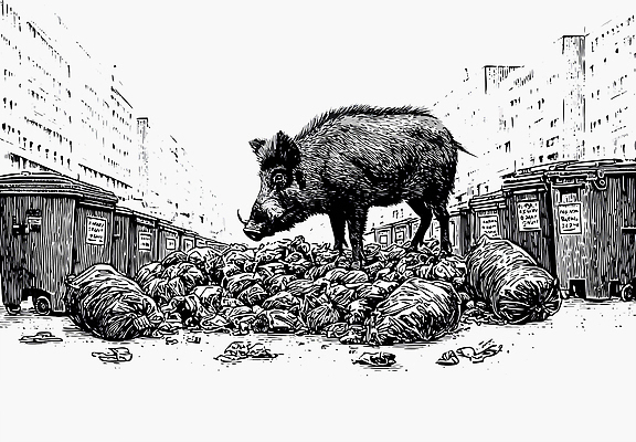 동물 컨셉 포유류 봉투 장소 도시 생태계 파일형식 벡터 멧돼지 쓰레기 거리 자연 환경 쓰레기통 쓰레기봉투 공공장소 환경오염 야생동물 도심 일러스트 국내일러스트 AI파일