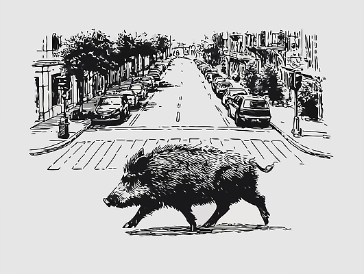 동물 도로 일러스트 자동차 자연 생명 거리 흑백 거리풍경 일상 환경 놀람 운전 탐험 도시 교차로 멧돼지 순간 국내일러스트 AI파일 감정 길 육상교통 포유류 교통시설 모션 촬영기법 표정 풍경 라이프 생태계 파일형식 벡터