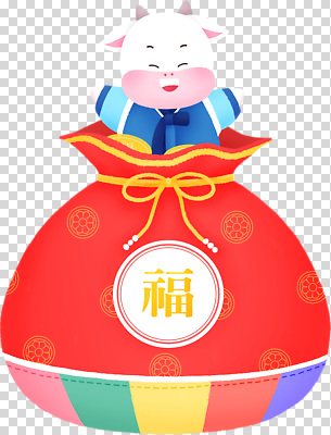 전통 기념일 감정 아시아 컨셉 포유류 전통소품 표정 파일형식 복주머니 소 캐릭터 한국 명절 축제 행복 웃음 귀여움 컬러 장식 문화 풍요 편집이미지 PNG