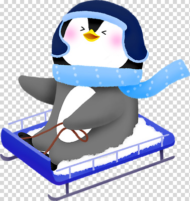 계절 감정 컬러 컨셉 조류 사람 목도리 파일형식 펭귄 썰매 겨울 즐거움 놀이 파란색 스카프 귀여움 어린이 동물 모션 놀이기구 야외 편집이미지 PNG