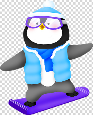계절 감정 컬러 컨셉 조류 보드_스포츠 파일형식 펭귄 스노우보드 겨울 캐릭터 귀여움 활발 스포츠 놀이 즐거움 갈색 파란색 편집이미지 PNG