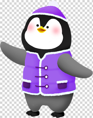 계절 감정 컬러 컨셉 모션 조류 말하기 외투 파일형식 펭귄 캐릭터 귀여움 보라색 조끼 겨울 대화 손흔들기 즐거움 동물 디자인 편집이미지 PNG