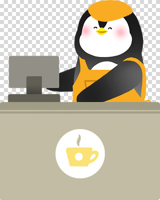 옷 조류 전자제품 상점 감각 파일형식 펭귄 카페 고객 컴퓨터 작업복 편안함 대기 인기 동물 음료 서비스 내부 편집이미지 PNG