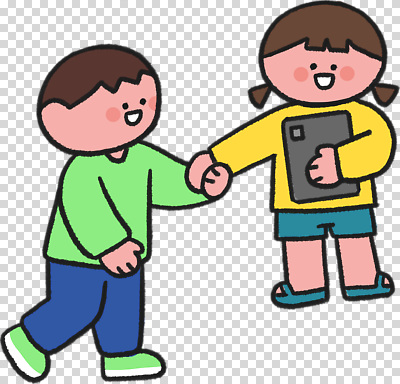 편집이미지 행복 초등학생 어린이 모션 놀이 웃음 친구 태블릿 걷기 손잡기 즐거움 PNG 소통 밝은색 학생 감정 컨셉 관계 표정 사람 전자제품 스마트기기 파일형식