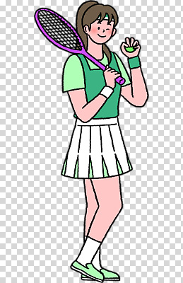 옷 계절 스포츠용품 스포츠 컬러 하의 수업 표정 구기 파일형식 테니스 라켓 웃음 초록색 흰색 치마 운동복 레슨 신발 경기 여름 편집이미지 PNG
