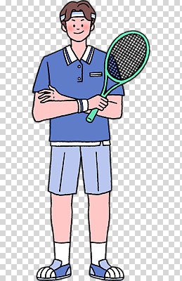 옷 감정 스포츠용품 컬러 운동화 상의 모션 건강 사람 구기 테니스용품 파일형식 테니스 남자 캐릭터 라켓 스포츠 운동 파란색 셔츠 팔짱 자신감 운동복 테니스화 캐주얼 포즈 편집이미지 PNG
