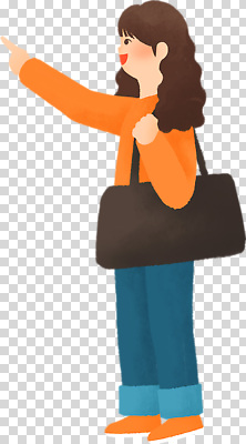 편집이미지 긴머리 손 옷 여자 감정 포즈 가방 모션 실내 캐주얼 주황색 청바지 가리킴 표현 PNG 헤어스타일 잡화 컬러 바지 사람 손짓 내부 신체부위 파일형식