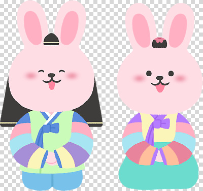 한국전통 아시아 컨셉 포유류 모션 반려동물 전통의상 파일형식 한복 토끼 캐릭터 귀여움 컬러 한국 전통 문화 옷 마주보기 디자인 동물 그림 편집이미지 PNG