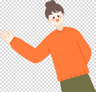 편집이미지 캐릭터 여자 포즈 표정 웃음 친구 주황색 인사 스웨터 심플 PNG 소통 컬러 컨셉 상의 관계 사람 예절 파일형식 옷