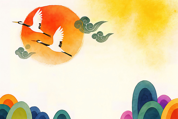 자연요소 컨셉 조류 카드_감사 미술 노을 생태계 파일형식 태양 학 하늘 산 컬러 동양화 풍경 자연 일출 비행 평화 예술 전통 색감 조화 창의성 수채화 그림 동물 일러스트 국내일러스트 JPG 신년카드 새해