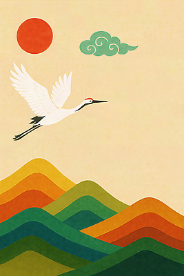 자연요소 아시아 컨셉 조류 카드_감사 노을 생태계 파일형식 학 산 하늘 자연 태양 풍경 비행 컬러 예술 일출 일몰 동물 한국 전통 뷰티풀 자유 조화 생명 일러스트 국내일러스트 JPG 신년카드 새해