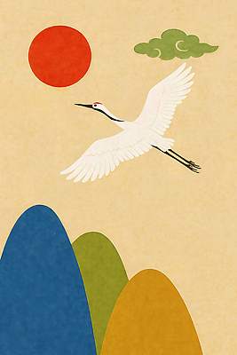 자연요소 동물 아시아 컨셉 조류 카드_감사 트래킹 생태계 파일형식 백로 태양 하늘 자연 풍경 산 언덕 조화 비행 뷰티풀 한국 전통 예술 컬러 평화 조용 등산 일러스트 국내일러스트 JPG 신년카드 새해