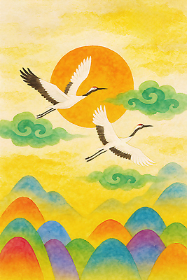 자연요소 동물 아시아 컨셉 조류 카드_감사 생태계 파일형식 학 태양 하늘 산 평화 자연 긴급 컬러 풍경 예술 전통 한국 조화 뷰티풀 감성 생명 문화 일러스트 국내일러스트 JPG 신년카드 새해