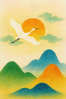 자연요소 감정 컨셉 조류 카드_감사 미술 노을 생태계 파일형식 백로 산 하늘 자연 풍경 평화 뷰티풀 컬러 비행 고요 동양화 일몰 여유 생명 조화 일러스트 국내일러스트 JPG 신년카드 새해