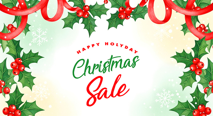 기념일 감정 컨셉 눈_날씨 표정 파일형식 크리스마스 세일 배너 장식 리본 겨우살이 눈송이 축제 화려 디자인 연말 오브젝트 중앙 미소 기쁨 소통 일러스트 국내일러스트 JPG 수채화