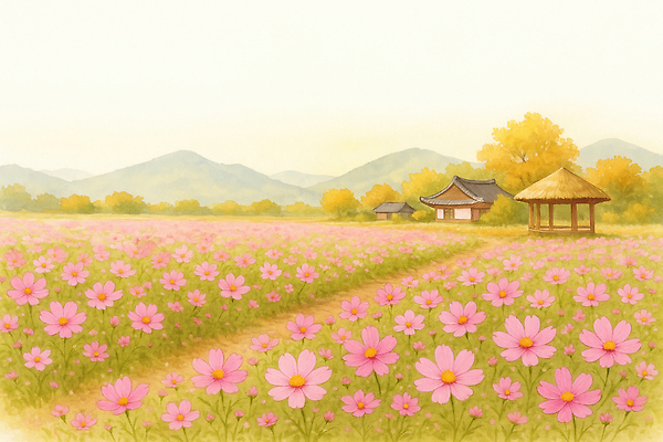 JPG 전통 계절 꽃 여유 여행 일러스트 자연 산 한옥 풍경 초원 소풍 평화 가을풍경 농촌 저녁 코스모스 힐링 뷰티풀 국내일러스트 AI일러스트 AI콘텐츠 식물 한국전통 감정 컨셉 고건축 야외활동 시골 야간 생태계 파일형식 가을_계절