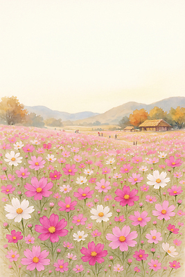 JPG 꽃 여행 꽃밭 일러스트 자연 하늘 산 풍경 초원 여러명 평화 환경 가을풍경 촬영 산책 농촌 코스모스 만개 뷰티풀 국내일러스트 AI일러스트 AI콘텐츠 식물 다수 컨셉 휴식 사람 시골 생태계 파일형식 가을_계절