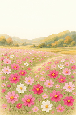 JPG 나무 식물 계절 꽃 컬러 겨울 일러스트 자연 하늘 산 풍경 초원 햇빛 가을풍경 산책 코스모스 뷰티풀 풍경화 국내일러스트 AI일러스트 AI콘텐츠 휴식 태양 그림 생태계 파일형식 가을_계절