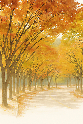 JPG 나무 공원 감정 도로 길 컬러 단풍 일러스트 자연 하늘 산 풍경 햇빛 노란색 평화 가을풍경 주황색 소리 산책로 가로수 뷰티풀 국내일러스트 AI일러스트 AI콘텐츠 식물 공공시설 컨셉 잎 교통시설 태양 생태계 파일형식 가을_계절