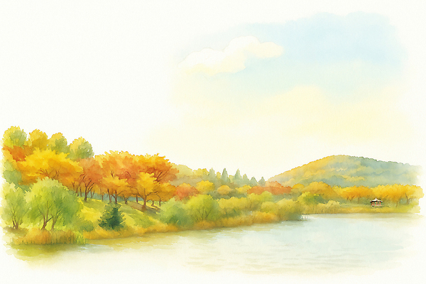 JPG 나무 컬러 단풍 일러스트 자연 하늘 날씨 산 풍경 강 노란색 평화 가을풍경 물가 강가 시원함 조용 뷰티풀 국내일러스트 AI일러스트 AI콘텐츠 식물 컨셉 잎 생태계 파일형식 가을_계절