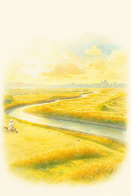 JPG 여유 일러스트 자연 하늘 산 사람 앉기 풍경 물 파란색 강 노을 가을풍경 산책 흐름 도시 저녁 강가 편안함 국내일러스트 AI일러스트 AI콘텐츠 자연요소 감정 컬러 컨셉 모션 휴식 감각 야간 생태계 파일형식 가을_계절