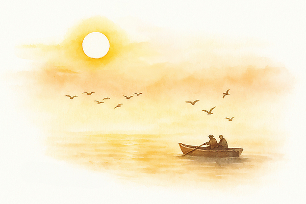 JPG 여유 바다 여행 일러스트 자연 조류 하늘 항해 풍경 두명 물 빛 가을풍경 일몰 수면 차분 국내일러스트 AI일러스트 AI콘텐츠 자연요소 동물 감정 컨셉 배_교통 사람 노을 생태계 파일형식 가을_계절