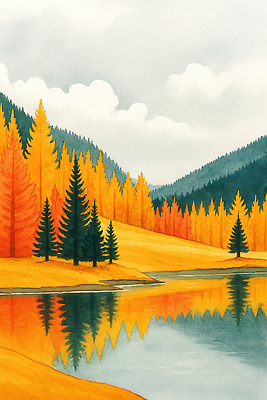 JPG 나무 호수 컬러 일러스트 자연 하늘 산 풍경 초록색 반사 평화 가을풍경 주황색 고요 숲 그림 뷰티풀 국내일러스트 AI일러스트 AI콘텐츠 식물 컨셉 생태계 파일형식 가을_계절