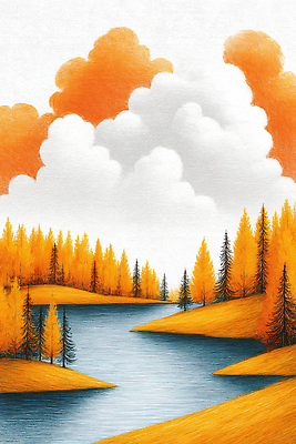 JPG 나무 호수 여유 컬러 일러스트 자연 하늘 풍경 소풍 가을풍경 주황색 고요 산책 금색 물방울 숲 조용 국내일러스트 AI일러스트 AI콘텐츠 식물 감정 휴식 야외활동 생태계 파일형식 가을_계절