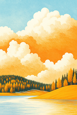 JPG 나무 호수 여유 컬러 여행 일러스트 자연 하늘 산 풍경 물 여름 반사 평화 일출 가을풍경 일몰 숲 국내일러스트 AI일러스트 AI콘텐츠 자연요소 식물 계절 감정 컨셉 노을 생태계 파일형식 가을_계절