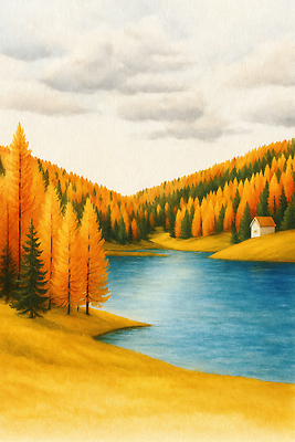 JPG 나무 호수 여행 일러스트 자연 하늘 주택 풍경 물 독서 반사 평화 가을풍경 감상 탐험 시골 숲 언덕 조화 뷰티풀 국내일러스트 AI일러스트 AI콘텐츠 자연요소 식물 컨셉 건물 생태계 파일형식 가을_계절