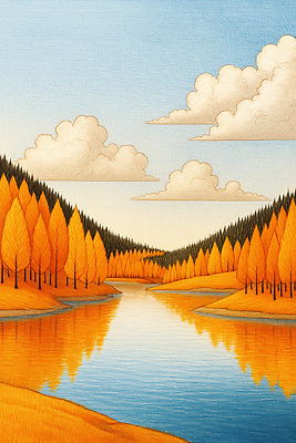 JPG 나무 호수 예술 컬러 단풍 일러스트 자연 하늘 나뭇잎 풍경 물 강 평화 가을풍경 숲 그림 뷰티풀 청량 국내일러스트 AI일러스트 AI콘텐츠 자연요소 식물 컨셉 잎 생태계 파일형식 가을_계절