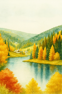 JPG 나무 컬러 여행 일러스트 자연 하늘 주택 풍경 물 강 햇빛 평화 가을풍경 시골 숲 조용 뷰티풀 풍경화 국내일러스트 AI일러스트 AI콘텐츠 자연요소 식물 컨셉 건물 태양 그림 생태계 파일형식 가을_계절