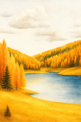 JPG 나무 호수 예술 일러스트 자연 하늘 수채화 산 풍경 물 강 노란색 평화 가을풍경 주황색 숲 멀리보기 뷰티풀 색채 국내일러스트 AI일러스트 AI콘텐츠 자연요소 식물 컬러 컨셉 생태계 파일형식 가을_계절