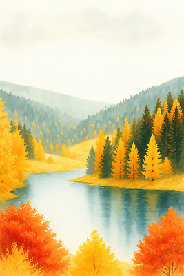 JPG 나무 호수 컬러 일러스트 자연 하늘 생명 산 풍경 초록색 물 강 평화 가을풍경 숲 뷰티풀 풍요 국내일러스트 AI일러스트 AI콘텐츠 자연요소 식물 컨셉 생태계 파일형식 가을_계절