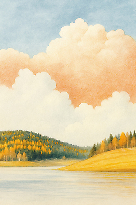 JPG 감정 호수 단풍 일러스트 자연 하늘 산 따뜻함 풍경 물 평화 노을 가을풍경 금색 숲 조화 뷰티풀 국내일러스트 AI일러스트 AI콘텐츠 자연요소 컬러 컨셉 잎 생태계 파일형식 가을_계절