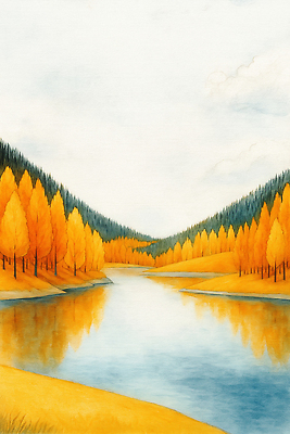 JPG 나무 호수 컬러 일러스트 자연 하늘 산 풍경 물 강 평화 가을풍경 수면 황금 숲 시원함 조화 국내일러스트 AI일러스트 AI콘텐츠 자연요소 식물 컨셉 생태계 파일형식 가을_계절