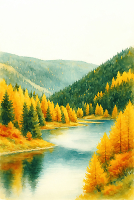 JPG 나무 컬러 여행 일러스트 자연 휴식 산 풍경 초록색 물 강 가을풍경 고요 금색 숲 조용 조화 뷰티풀 차분 국내일러스트 AI일러스트 AI콘텐츠 자연요소 식물 컨셉 생태계 파일형식 가을_계절