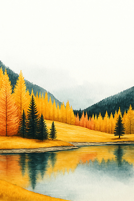 JPG 나무 여행 일러스트 자연 하늘 생명 날씨 휴식 산 풍경 물 파란색 강 반사 가을풍경 고요 금색 숲 생태계 뷰티풀 국내일러스트 AI일러스트 AI콘텐츠 자연요소 식물 컬러 컨셉 파일형식 가을_계절