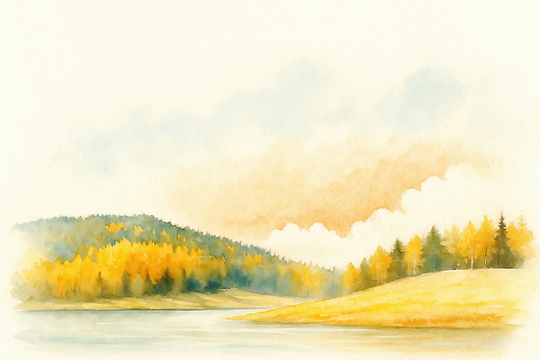 JPG 나무 호수 예술 일러스트 자연 하늘 산 회화 풍경 잔디 물 노란색 평화 가을풍경 주황색 감상 숲 조용 뷰티풀 풍요 국내일러스트 AI일러스트 AI콘텐츠 자연요소 식물 컬러 컨셉 말하기 생태계 파일형식 가을_계절