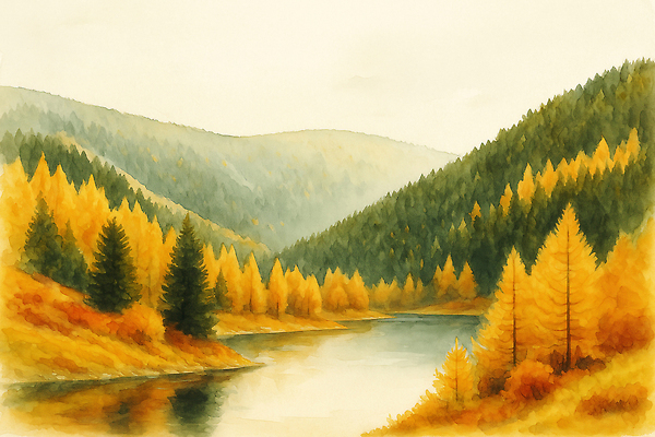 JPG 모양 나무 백그라운드 잎 일러스트 자연 산 풍경 초록색 물 강 노란색 가을풍경 물가 숲 조화 풍경화 국내일러스트 AI일러스트 AI콘텐츠 자연요소 식물 컬러 그림 생태계 파일형식 가을_계절