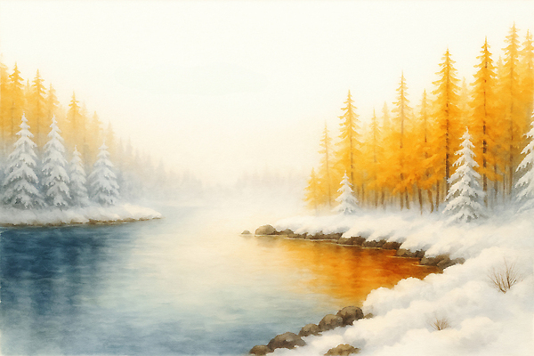 JPG 나무 겨울 일러스트 자연 풍경 물 강 평화 고요 안개 소나무 수면 숲 감성 전나무 뷰티풀 흰눈 국내일러스트 AI일러스트 AI콘텐츠 자연요소 식물 계절 컨셉 날씨 눈_날씨 생태계 파일형식