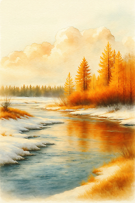 JPG 나무 컬러 겨울 일러스트 자연 하늘 풍경 물 강 햇빛 반사 노란색 평화 주황색 고요 산책로 신선 숲 뷰티풀 국내일러스트 AI일러스트 AI콘텐츠 자연요소 식물 계절 길 컨셉 태양 생태계 파일형식