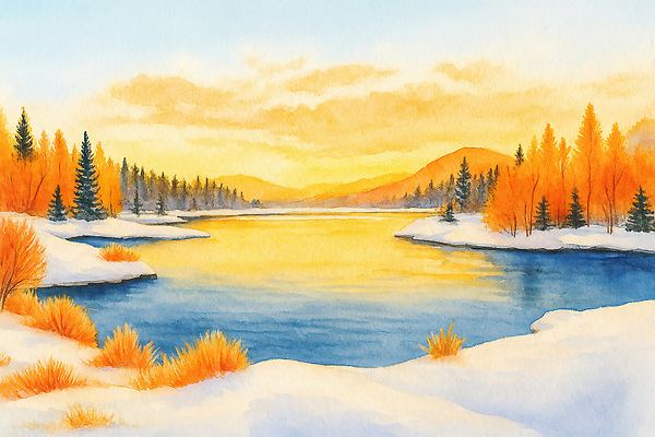 JPG 나무 호수 겨울 일러스트 자연 하늘 바람 산 풍경 물 반사 평화 일출 노을 뷰티풀 차분 국내일러스트 AI일러스트 AI콘텐츠 자연요소 식물 계절 컨셉 날씨 생태계 파일형식