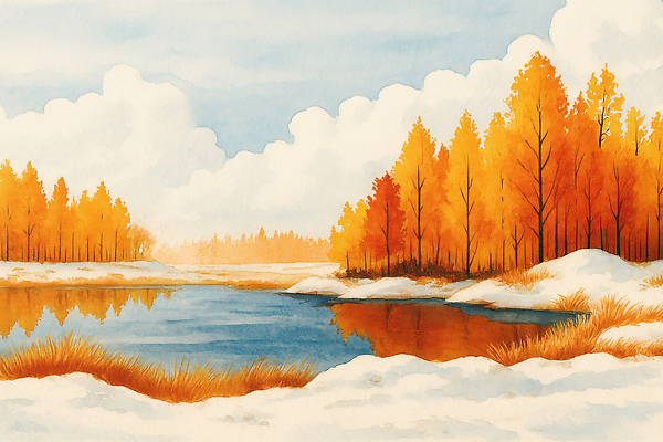 JPG 나무 계절 호수 여유 일러스트 자연 하늘 풍경 물 반사 노란색 환경 주황색 고요 금색 숲 뷰티풀 풍경화 국내일러스트 AI일러스트 AI콘텐츠 자연요소 식물 감정 컬러 그림 생태계 파일형식