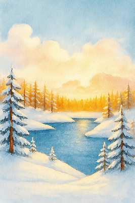 JPG 나무 호수 예술 겨울 일러스트 자연 수채화 한국 풍경 햇빛 평화 고요 저녁 숲 그림 조화 뷰티풀 색감 오후 국내일러스트 AI일러스트 AI콘텐츠 식물 계절 아시아 컨셉 태양 야간 생태계 파일형식